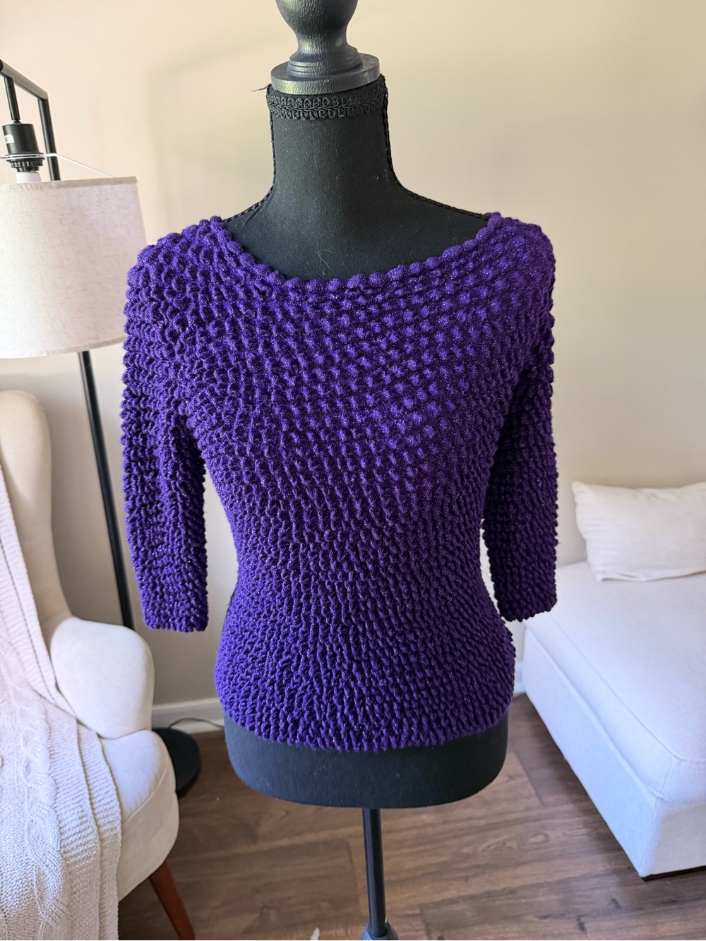 Purple Textured Knit Crewneck Sweater - Women's Scoop Neck